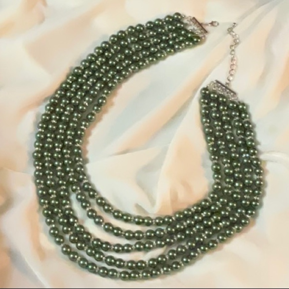 Unsigned Multi Strand Green Faux Pearl and Sparkly Rondel Necklace